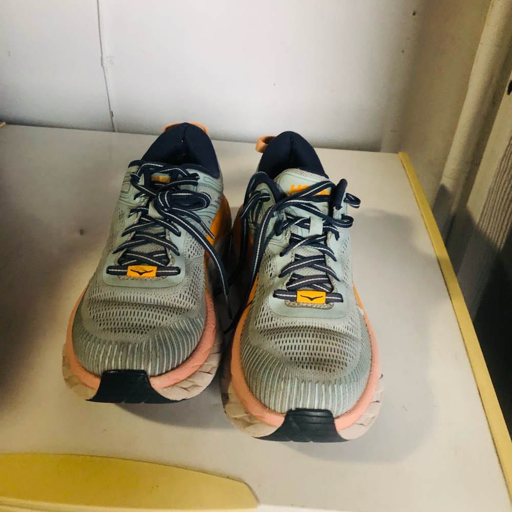 Hoka Women’s Bondi 8 Sneakers in Pale Blue with Yellow and Coral Accents - Picture 3 of 6